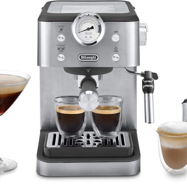 De'Longhi Classic EM450.M, Manual Coffee Machine with Steam Wand, Barista Pump Espresso Machine, Cappuccino Nozzle, Double Wall Filter Basket, 15bar, Fit Mug Up to 13cm, Stainless Steel/Metal
