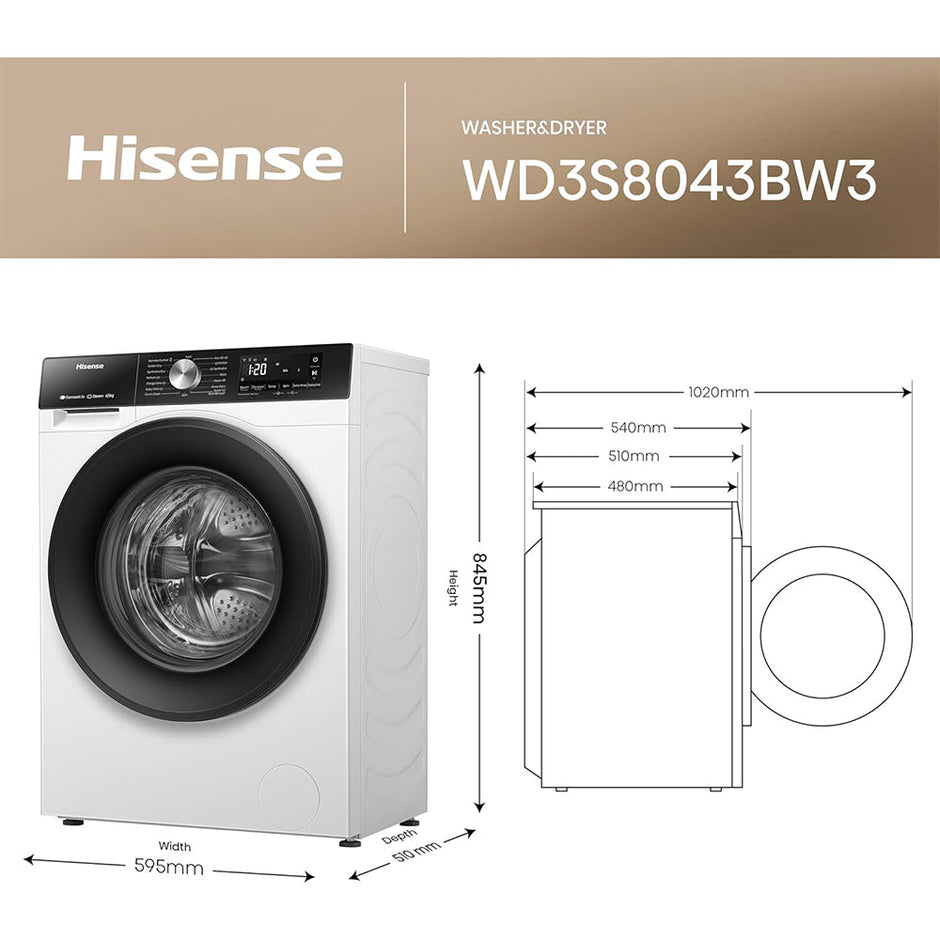 Hisense WD3S8043BW3 3S Series 8+5kg 1400 Spin WiFi-enabled Washer Dryer White