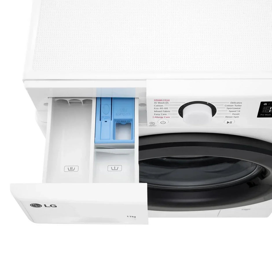 LG F4Y511WBLN1 11kg Steam 1400 Spin Freestanding Front Load Washing Machine White - A Rated