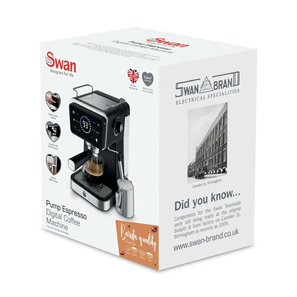 Swan SK22113BLK Espresso Digital Coffee Machine with Built-in Milk Frother - Black