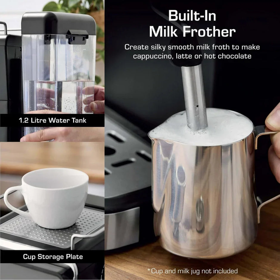 Swan SK22113BLK Espresso Digital Coffee Machine with Built-in Milk Frother - Black