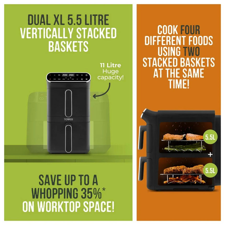 Tower T17190 Vortx 11L Dual Layer Air Fryer - Black with Chrome Trim